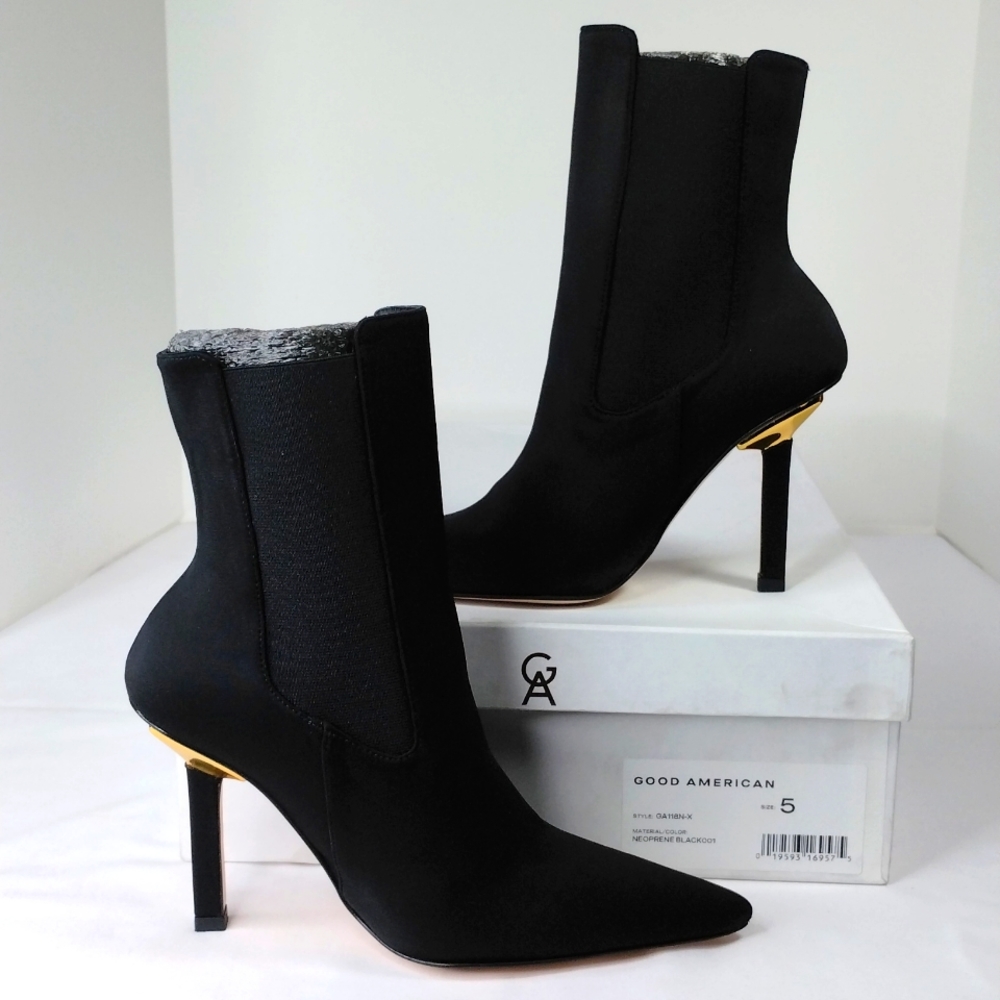 Good American Black Neoprene High Kickstand Heel Booties NIB